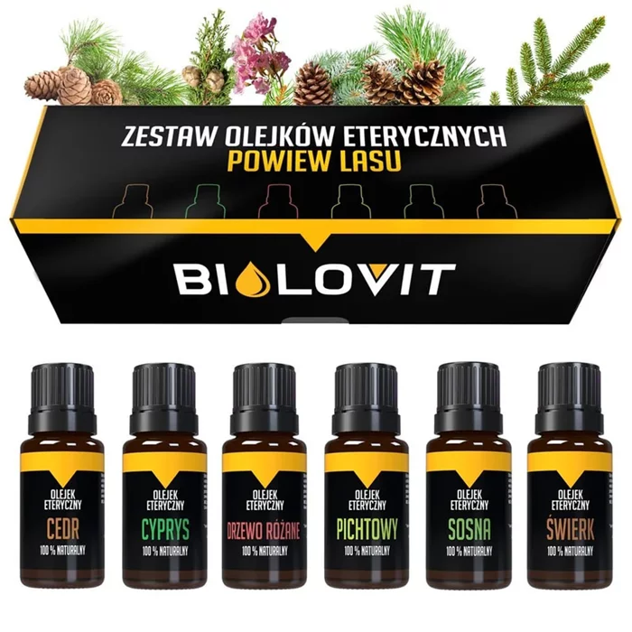 Czarno-żółte pudełko oraz 6 buteleczek z olejkami