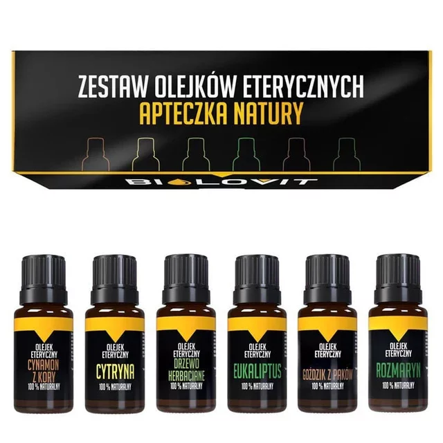 Czarno-żółte pudełko od góry oraz 6 buteleczek