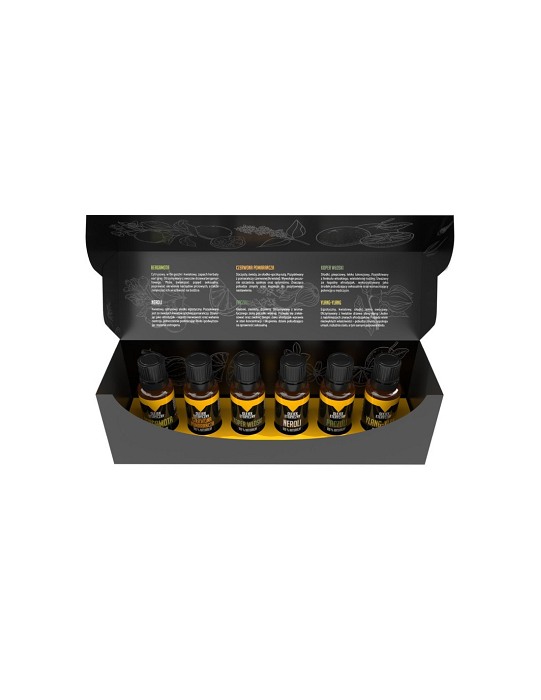 6 buteleczek z olejkami w czarno-żółtym pudełku