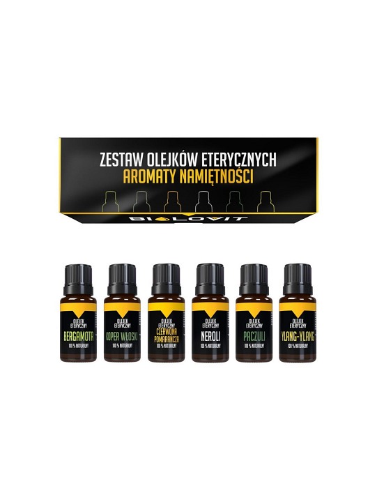 Czarno-żółte pudełko od góry oraz 6 buteleczek