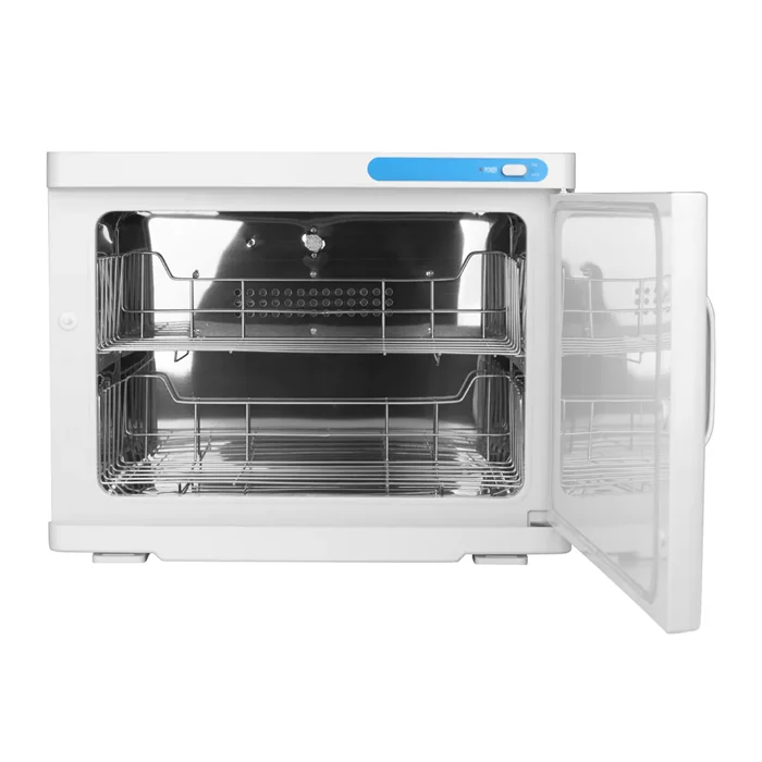 Biały podgrzewacz z otwartymi drzwiczkami