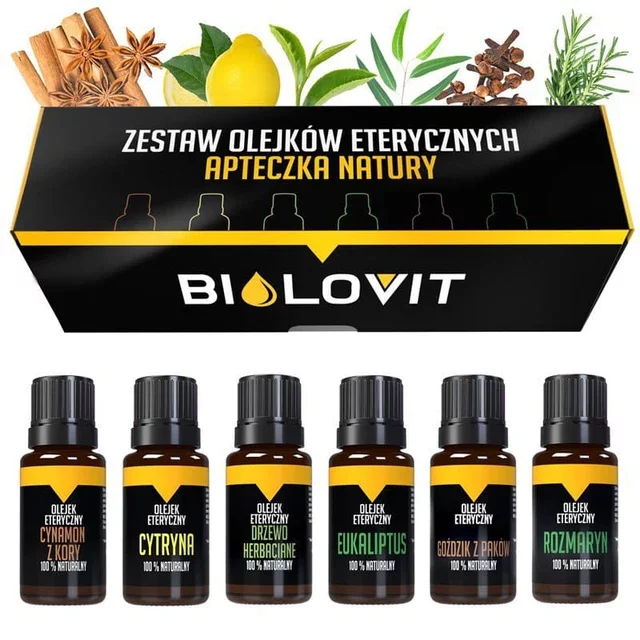 Czarno-żółte pudełko oraz 6 buteleczek z olejkami