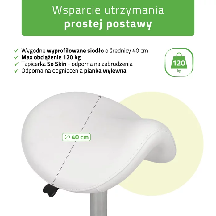 Taboret kosmetyczny, siodło - ALMA (biały)