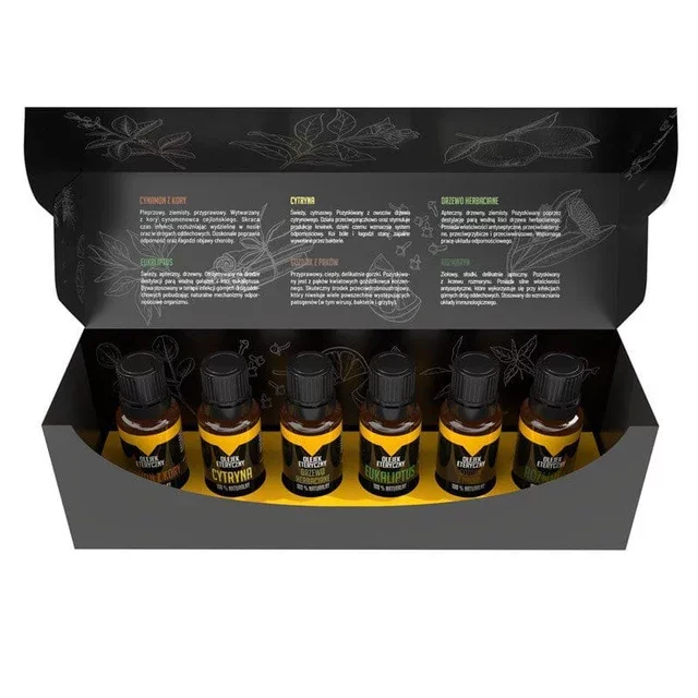 6 buteleczek z olejkami w czarno-żółtym pudełku