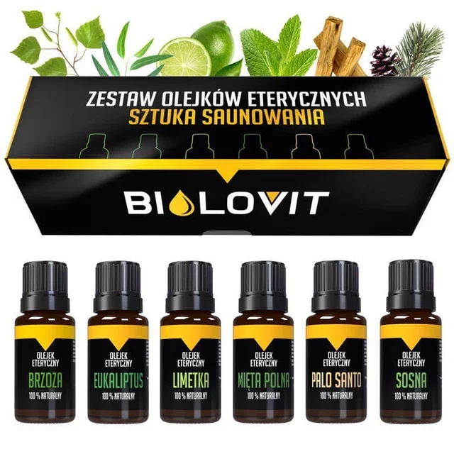Czarno-żółte pudełko oraz 6 buteleczek z olejkami