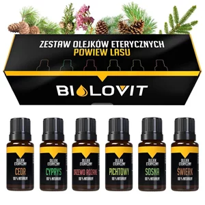 Czarno-żółte pudełko oraz 6 buteleczek z olejkami