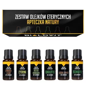 Czarno-żółte pudełko od góry oraz 6 buteleczek