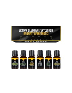 Czarno-żółte pudełko od góry oraz 6 buteleczek