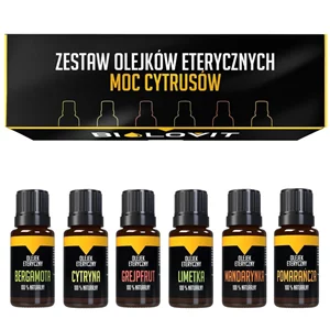 Czarno-żółte pudełko oraz 6 buteleczek z olejkami