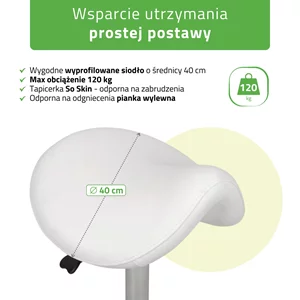 Taboret kosmetyczny, siodło - ALMA (biały)