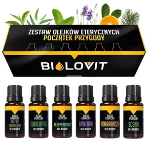 Czarno-żółte pudełko oraz 6 buteleczek z olejkami