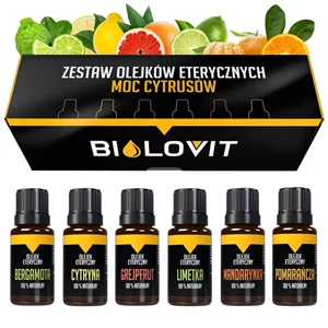Czarno-żółte pudełko oraz 6 buteleczek z olejkami
